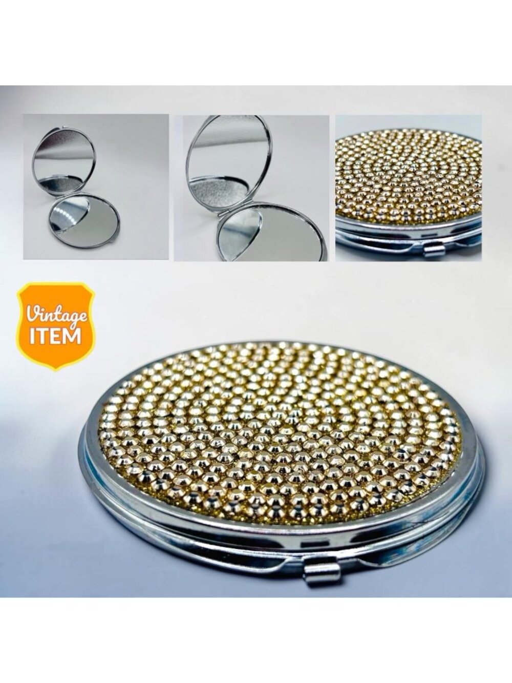 Vtg. Rhinestone Jeweled Silver Tone Compact Dual Mirrored Vanity Makeup 2.75x3in